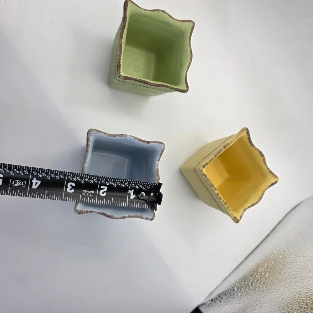 PartyLite Ceramic Votive Candle Holders Set of 3 Pastel Green Blue Yellow Square - Picture 2 of 7